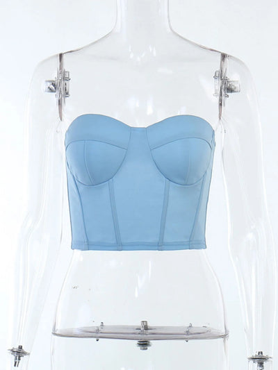 Close-up of stitching detail on Sweetheart Neck Tube Top in Blue