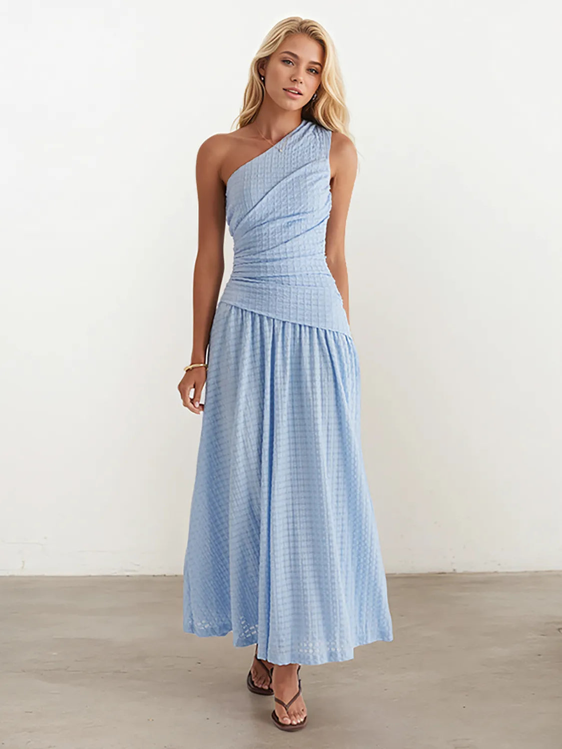 Front view of Textured Single Shoulder Dress in Light Blue