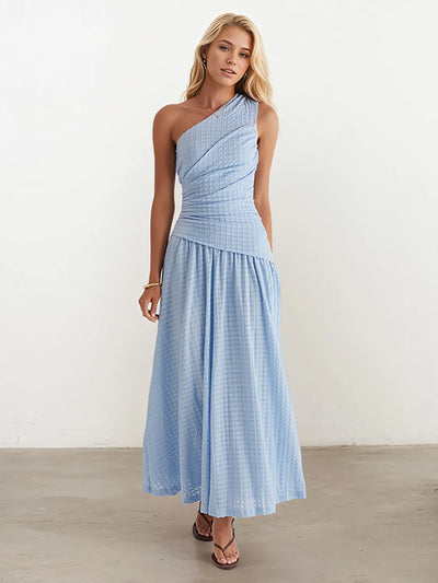 Front view of Textured Single Shoulder Dress in Light Blue