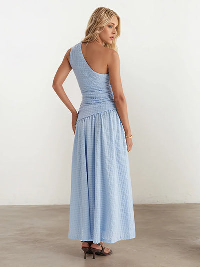 Side view showcasing the fit of Textured Single Shoulder Dress in Light Blue