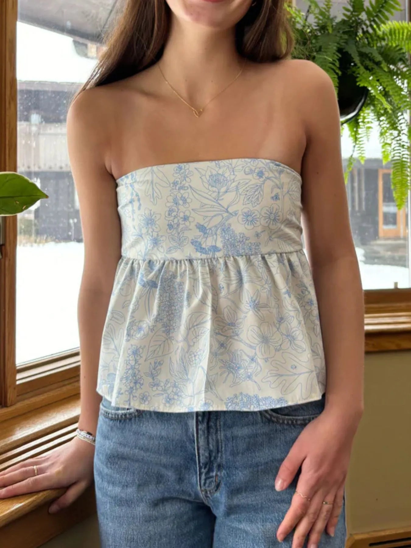 Front view of Tie Back Tube Top in Blue