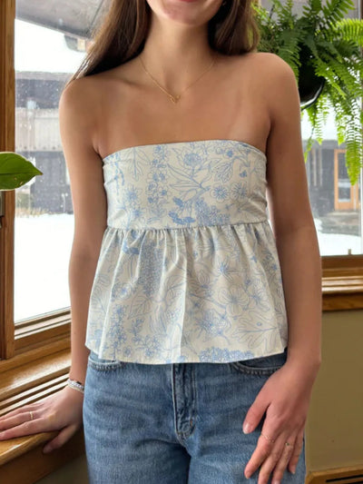 Front view of Tie Back Tube Top in Blue