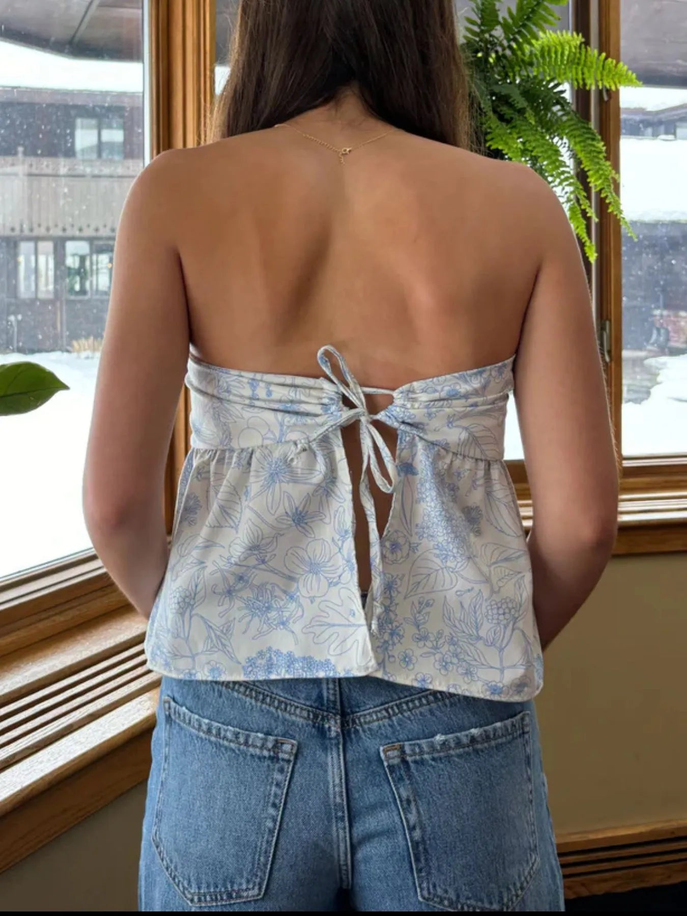 Side view showcasing the fit of Tie Back Tube Top in Blue