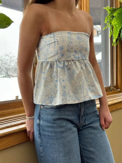 Back view highlighting the design of Tie Back Tube Top in Blue