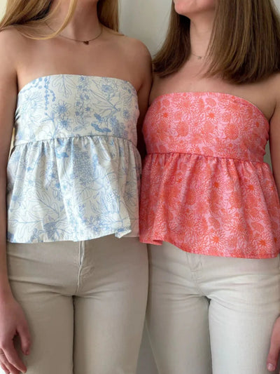 Close-up of fabric texture on Tie Back Tube Top in Blue