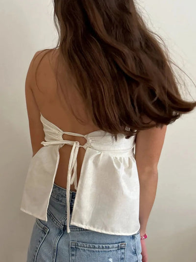 Side view showcasing the fit of Tie Back Tube Top in White