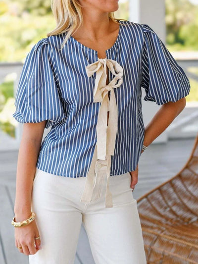 Front view of Tie Front Puff Sleeve Striped Blouse in Blue Stripe