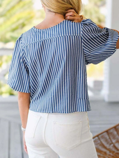 Back view highlighting the design of Tie Front Puff Sleeve Striped Blouse in Blue Stripe