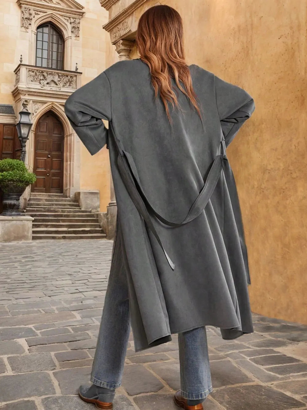 Side view showcasing the fit of Tie Waist Long Sleeve Coat in Dark Gray
