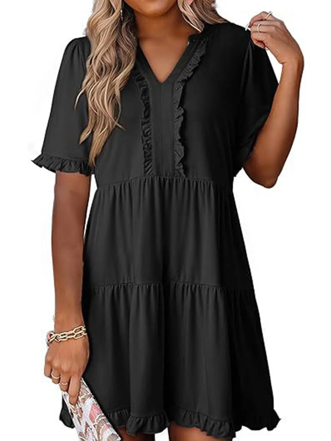 Front view of Tiered Notched Short Sleeve Mini Dress in Black