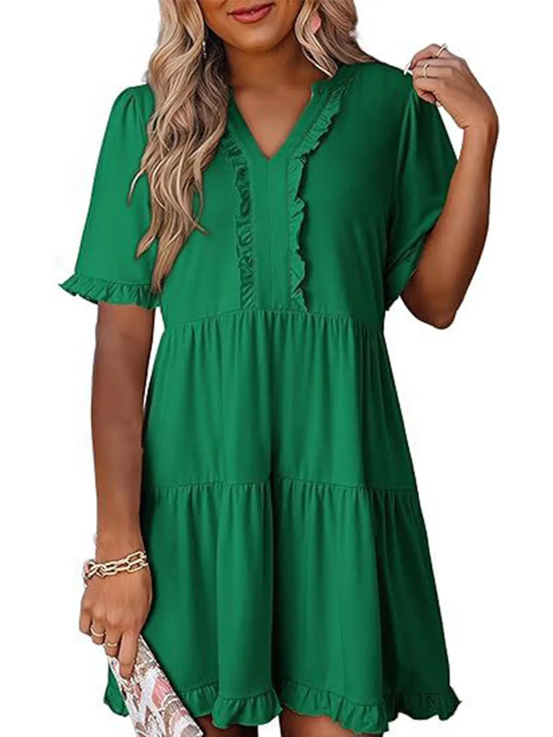 Front view of Tiered Notched Short Sleeve Mini Dress in Dark Green