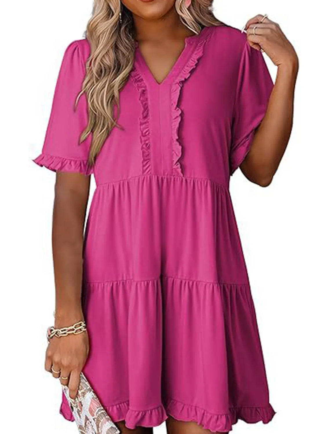 Front view of Tiered Notched Short Sleeve Mini Dress in Hot Pink