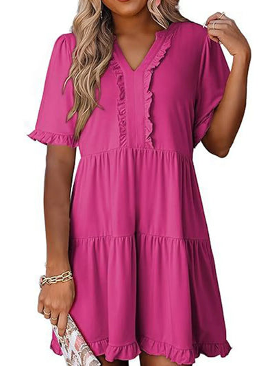 Front view of Tiered Notched Short Sleeve Mini Dress in Hot Pink