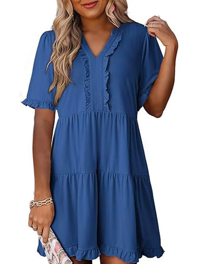Front view of Tiered Notched Short Sleeve Mini Dress in Royal Blue