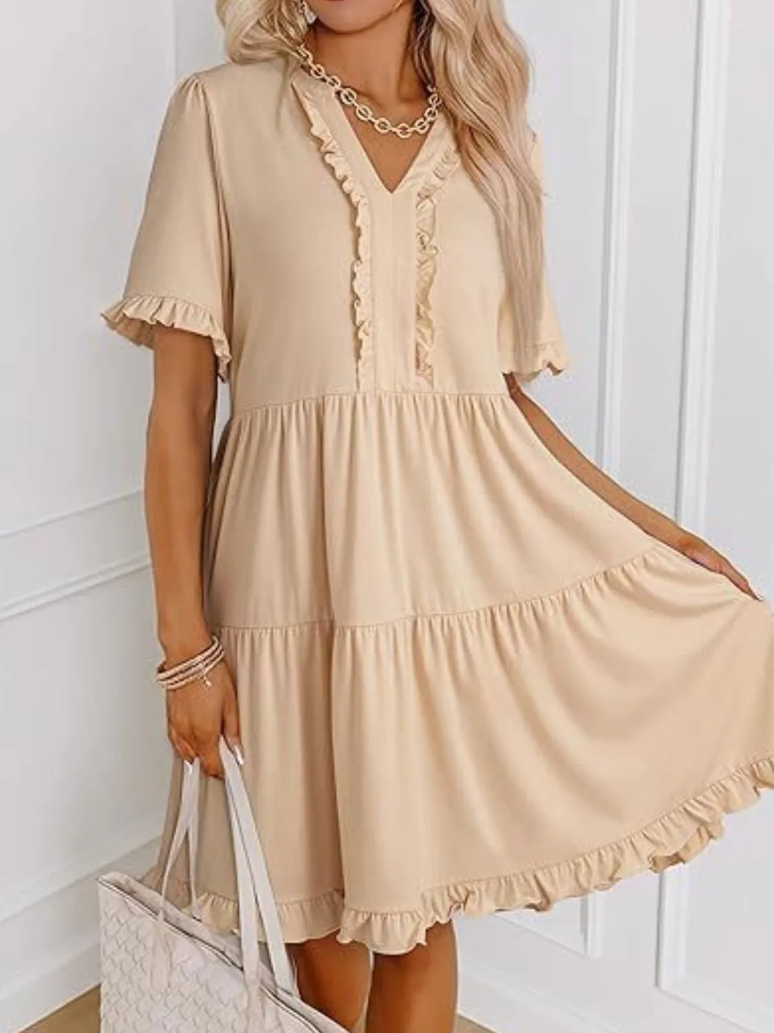 Front view of Tiered Notched Short Sleeve Mini Dress in Tan