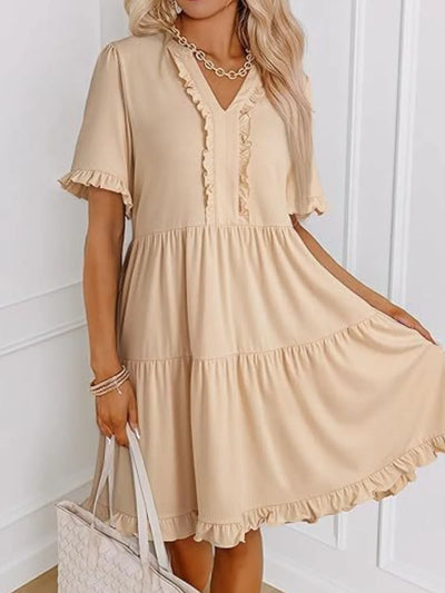 Front view of Tiered Notched Short Sleeve Mini Dress in Tan