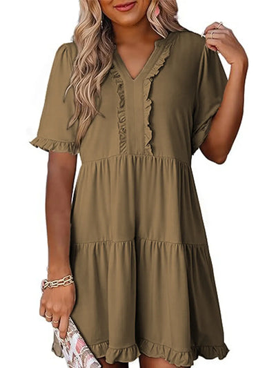 Front view of Tiered Notched Short Sleeve Mini Dress in Taupe
