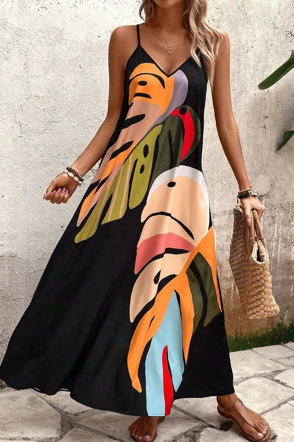 Front view of Tropical Leaf Print V-Neck Maxi Cami Dress in Black