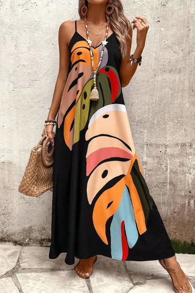 Model wearing Tropical Leaf Print V-Neck Maxi Cami Dress in Black