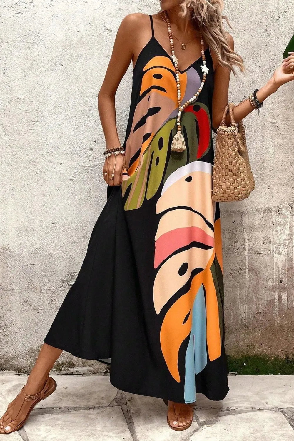 Styled outfit featuring Tropical Leaf Print V-Neck Maxi Cami Dress in Black