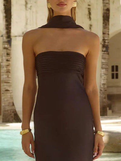 Back view highlighting the design of Tube Mermaid Maxi Dress in Brown