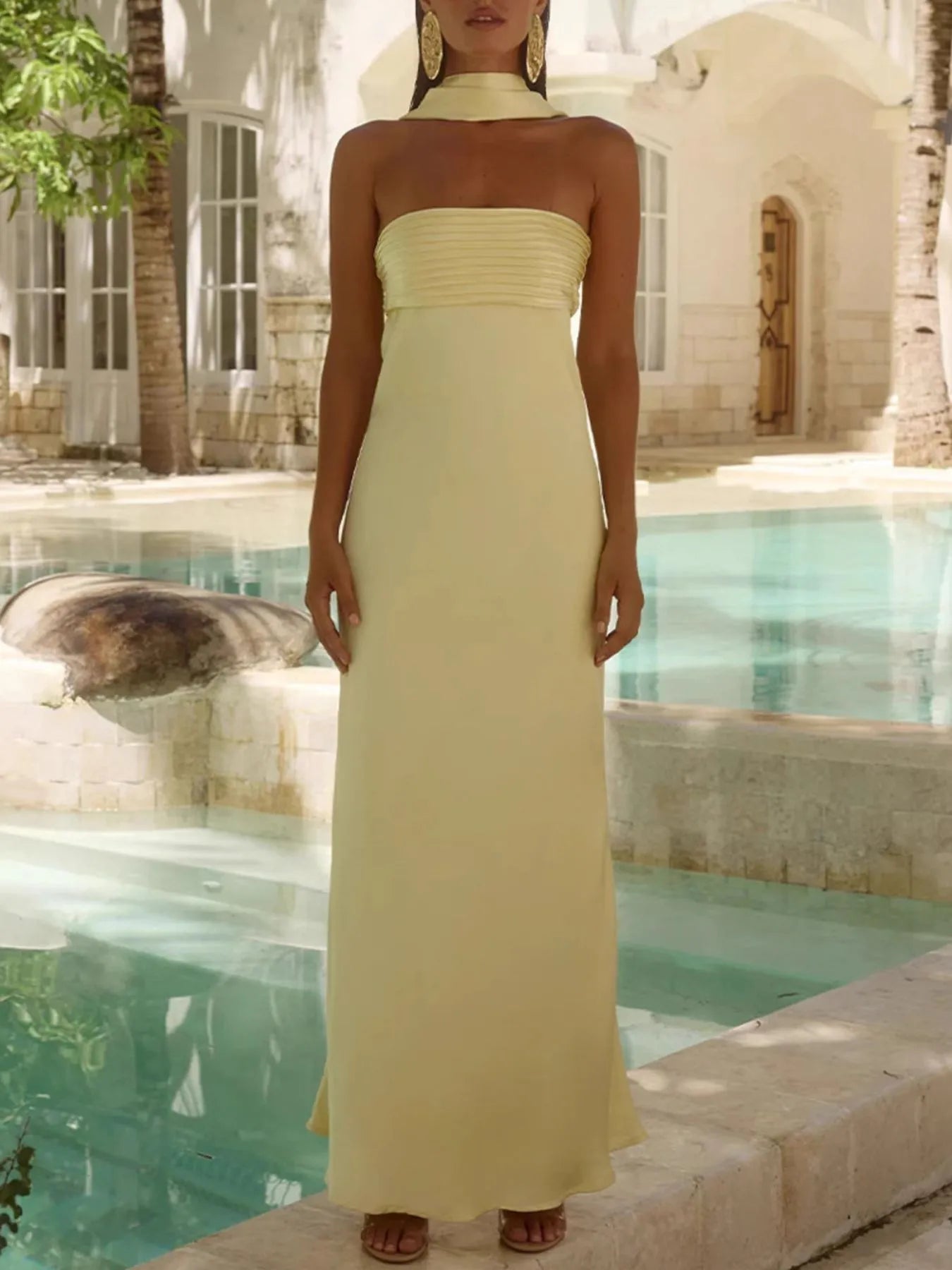Front view of Tube Mermaid Maxi Dress in Light Yellow