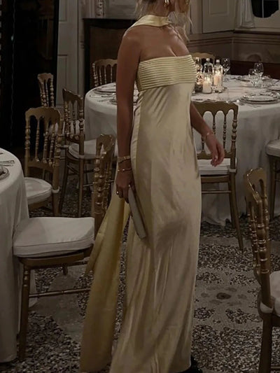 Close-up of fabric texture on Tube Mermaid Maxi Dress in Light Yellow