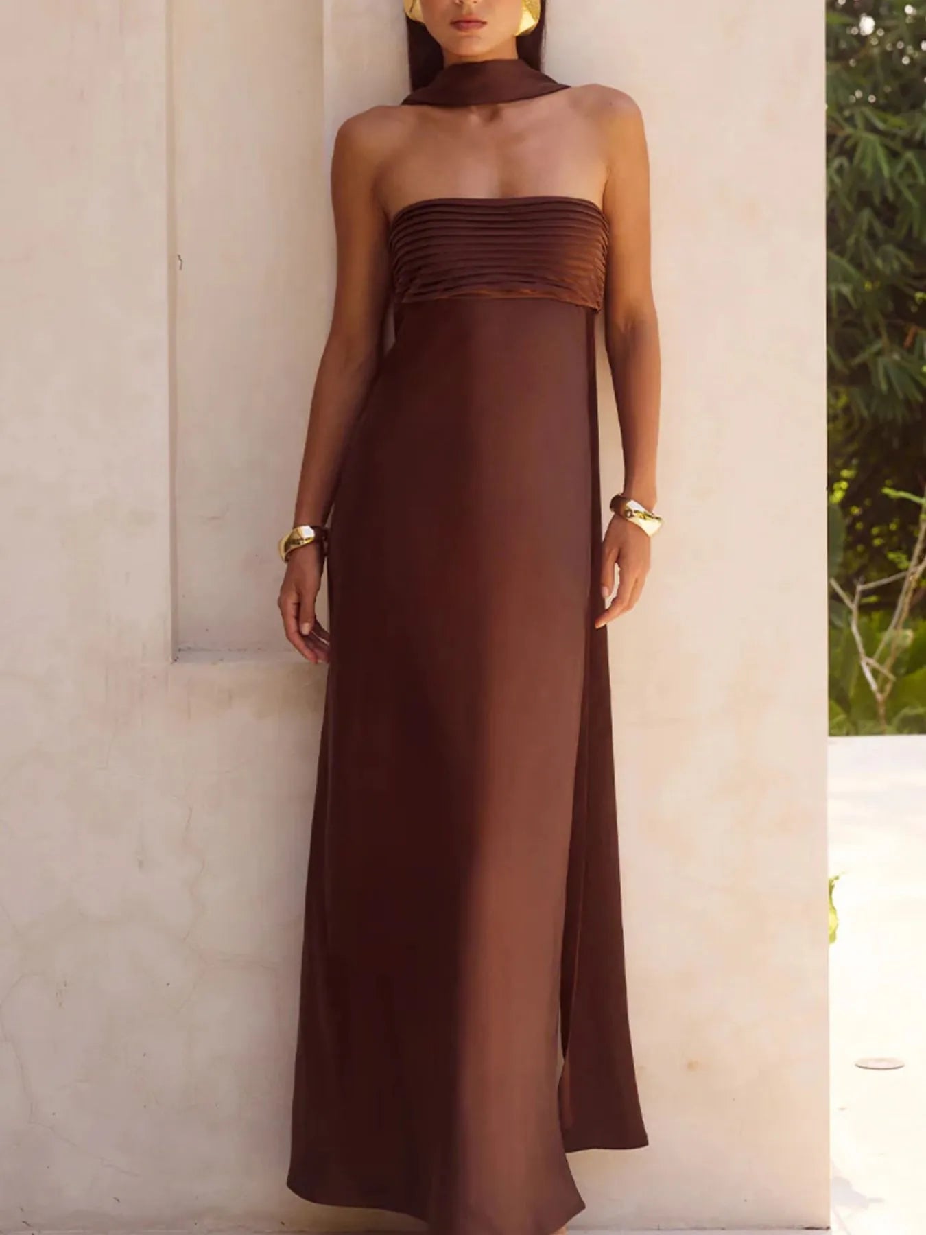 Front view of Tube Mermaid Maxi Dress in Reddish Brown