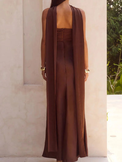 Side view showcasing the fit of Tube Mermaid Maxi Dress in Reddish Brown