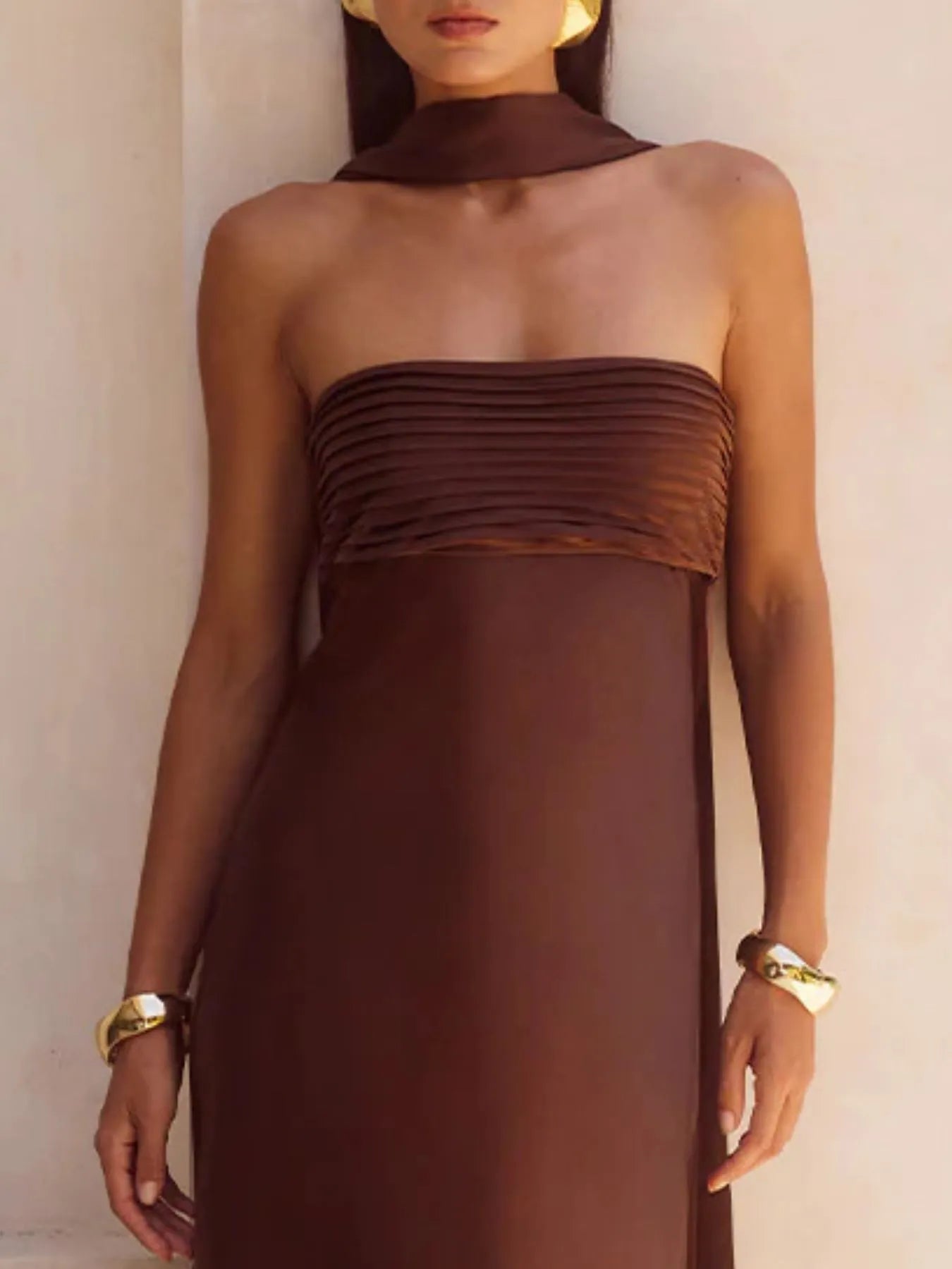 Back view highlighting the design of Tube Mermaid Maxi Dress in Reddish Brown